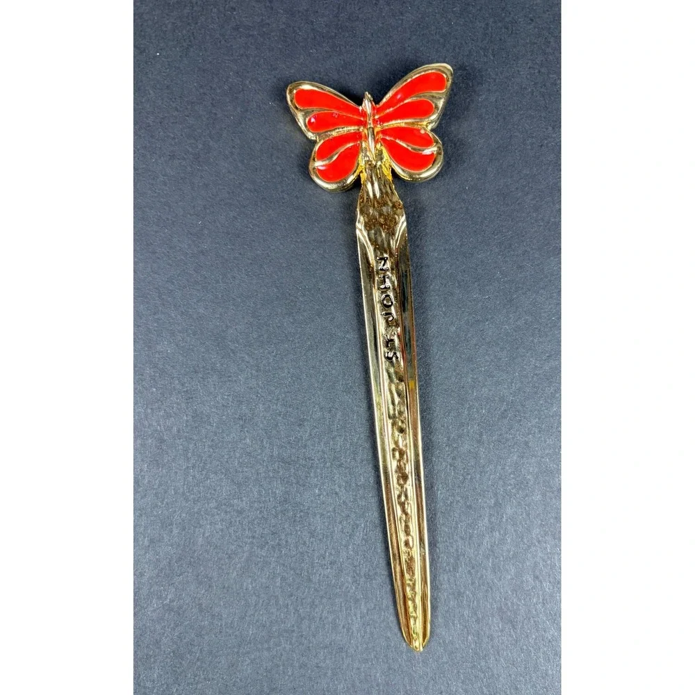 Vintage Marie Gray St. John Gold Tone Red Enamel Butterfly Letter Opener